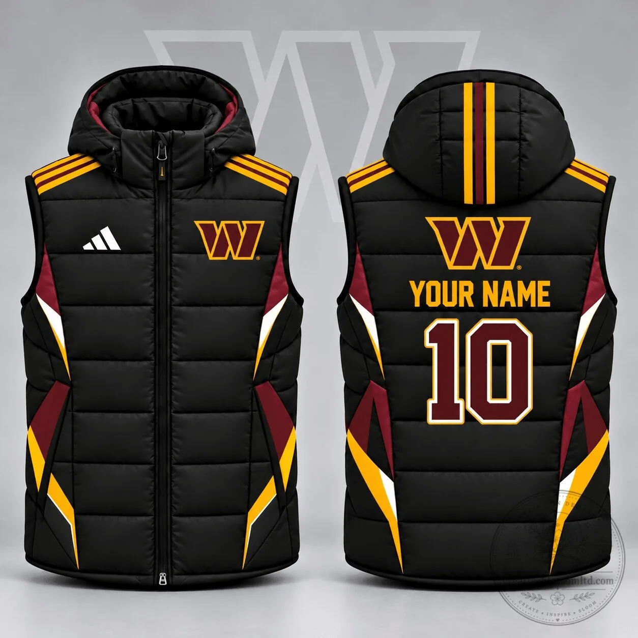 Washington Commanders NFL Custom Name Number Athletic Stripe Puffer Vest