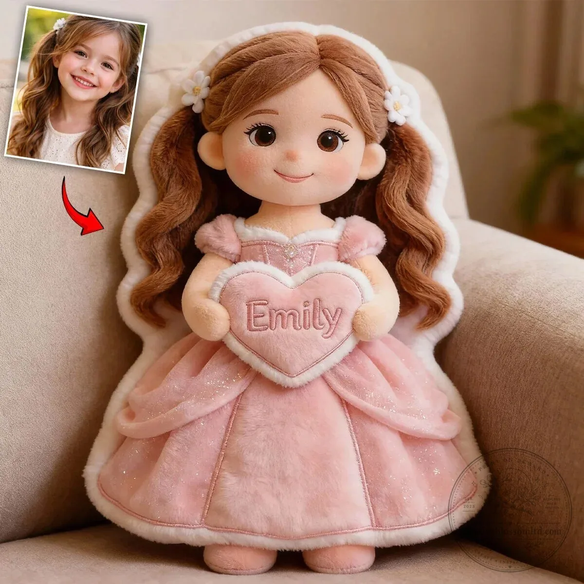 Personalized Princess Doll Shaped Photo Pillow for Girls, Custom Face Stuffed Toy