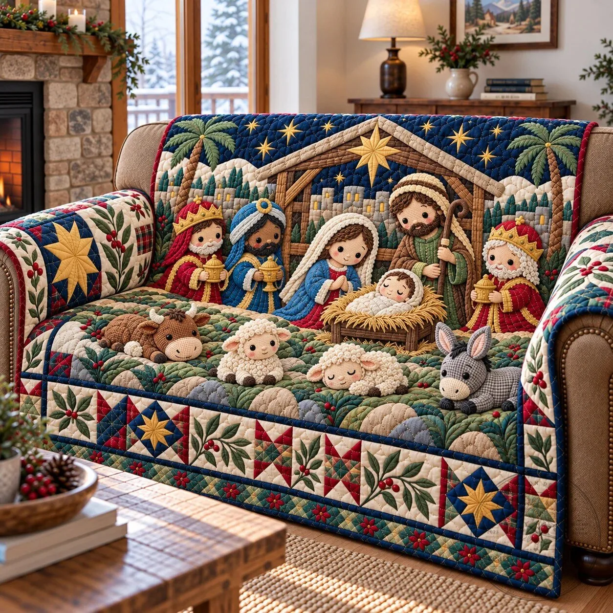 Christmas Nativity Scene Quilted Sofa Cover, Bethlehem Journey Couch Protector