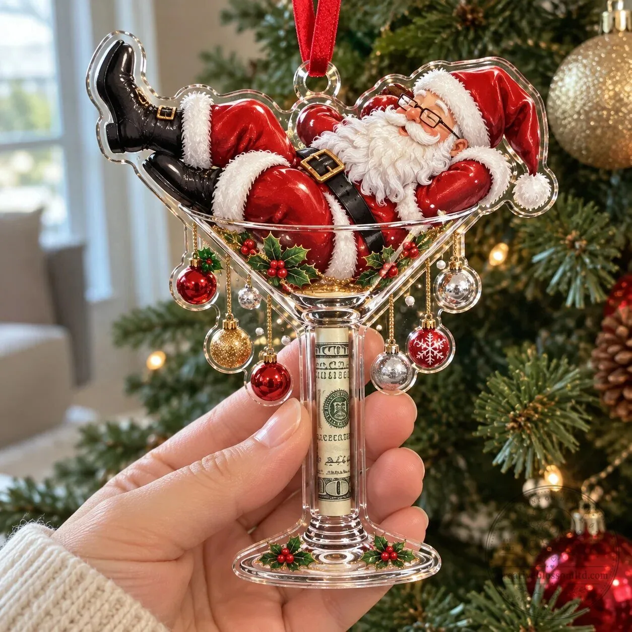 Santa Claus Martini Glass Christmas Tree Ornament with Cash Holder