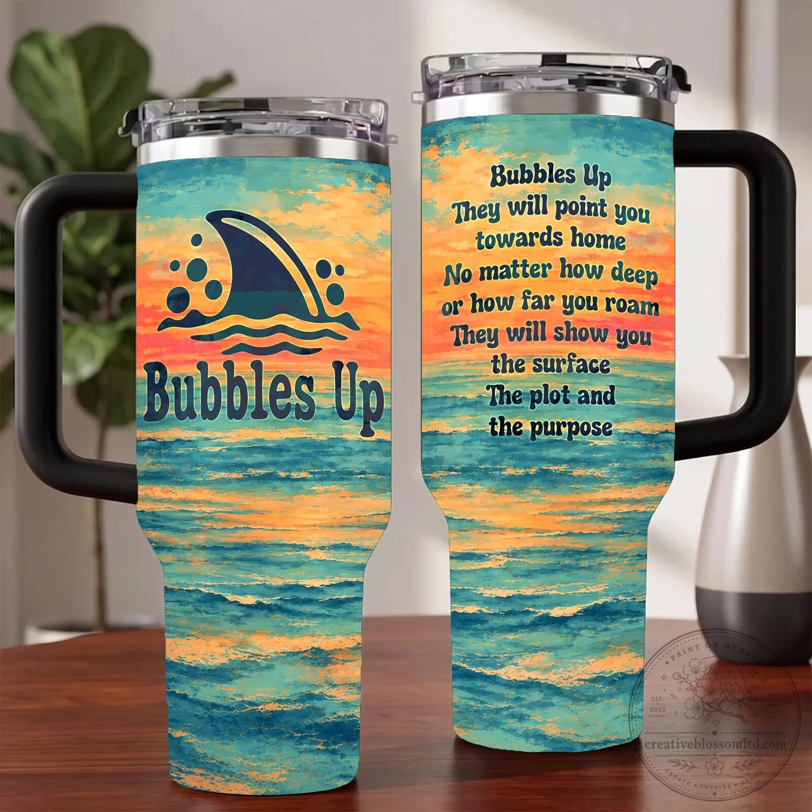 Jimmy Buffett Bubbles Up Lyrics Sunset Ocean Shark Fin Tumbler with Handle