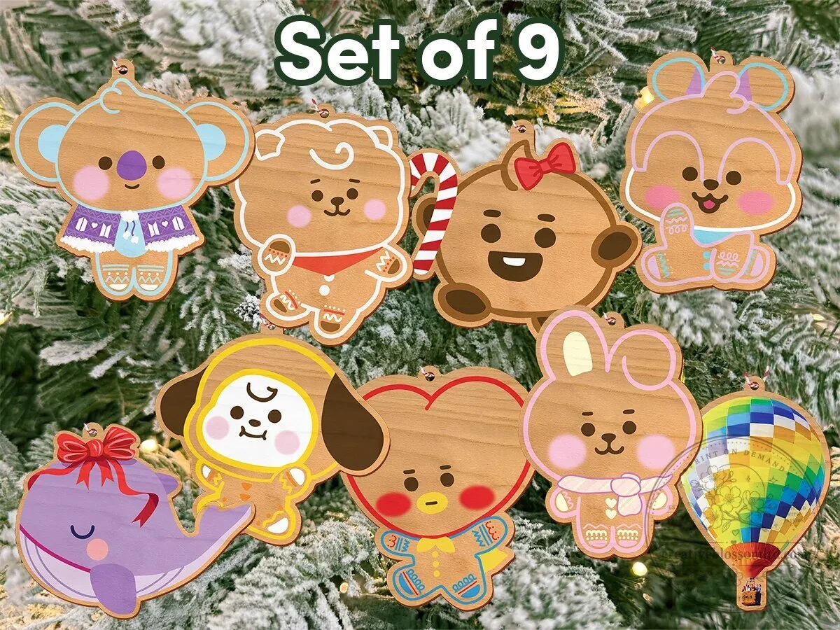 BTS BT21 Christmas Holiday Cartoon Character Wooden Ornaments Set of 9