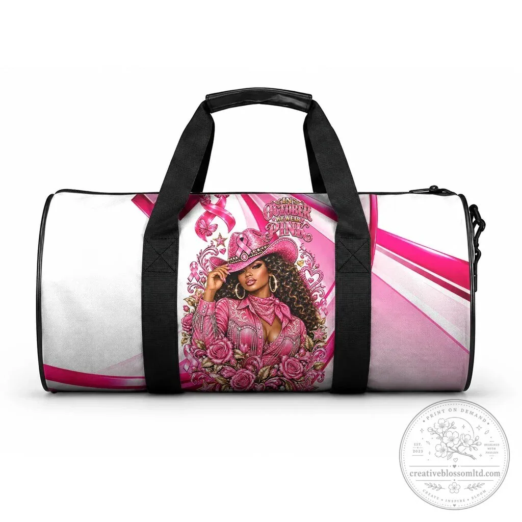 Western Wear Black Cowgirl Breast Cancer Awareness Pink Ribbon Duffle Bag