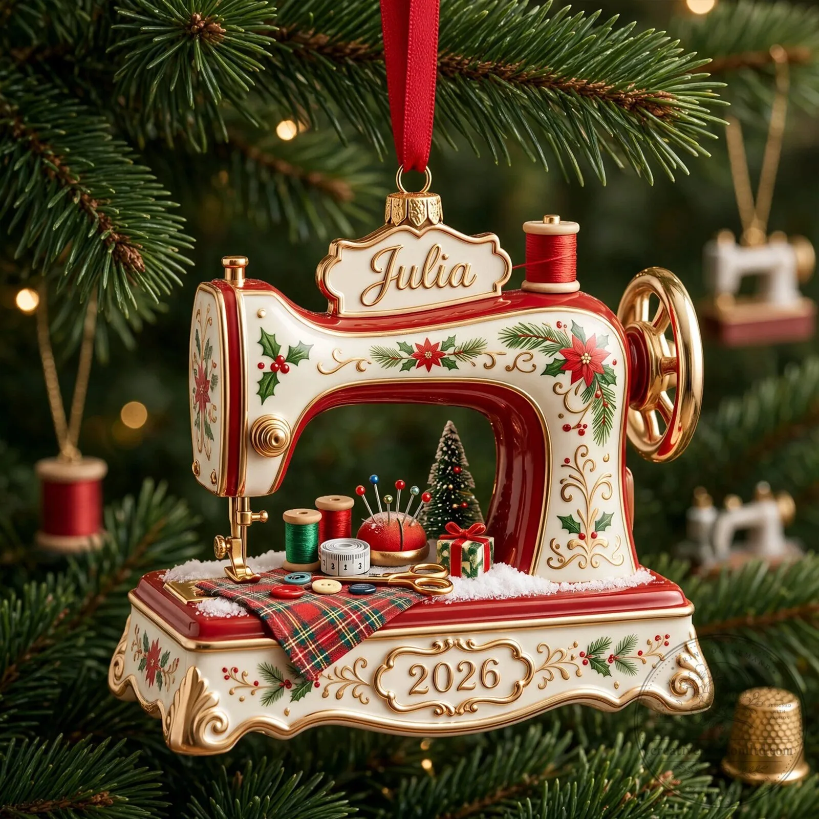 Personalized Sewing Machine Christmas Ornament, Custom Name and Year Holiday Decor