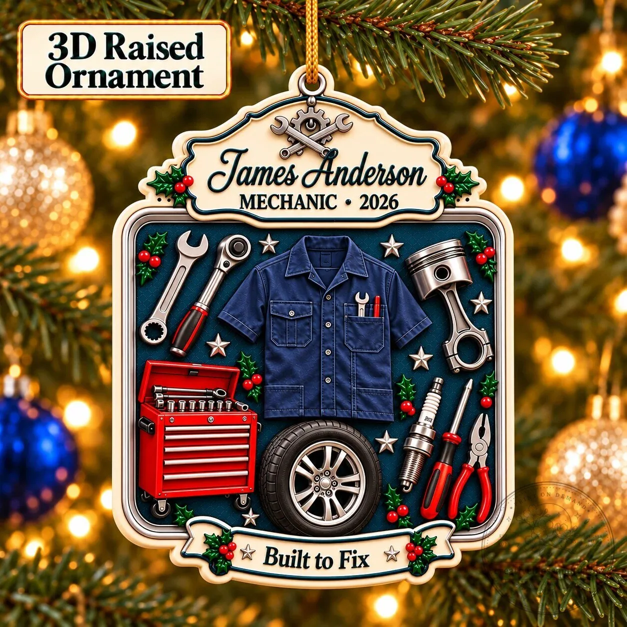 Personalized Mechanic Christmas Ornament, Custom Name Auto Repair Shop Gift