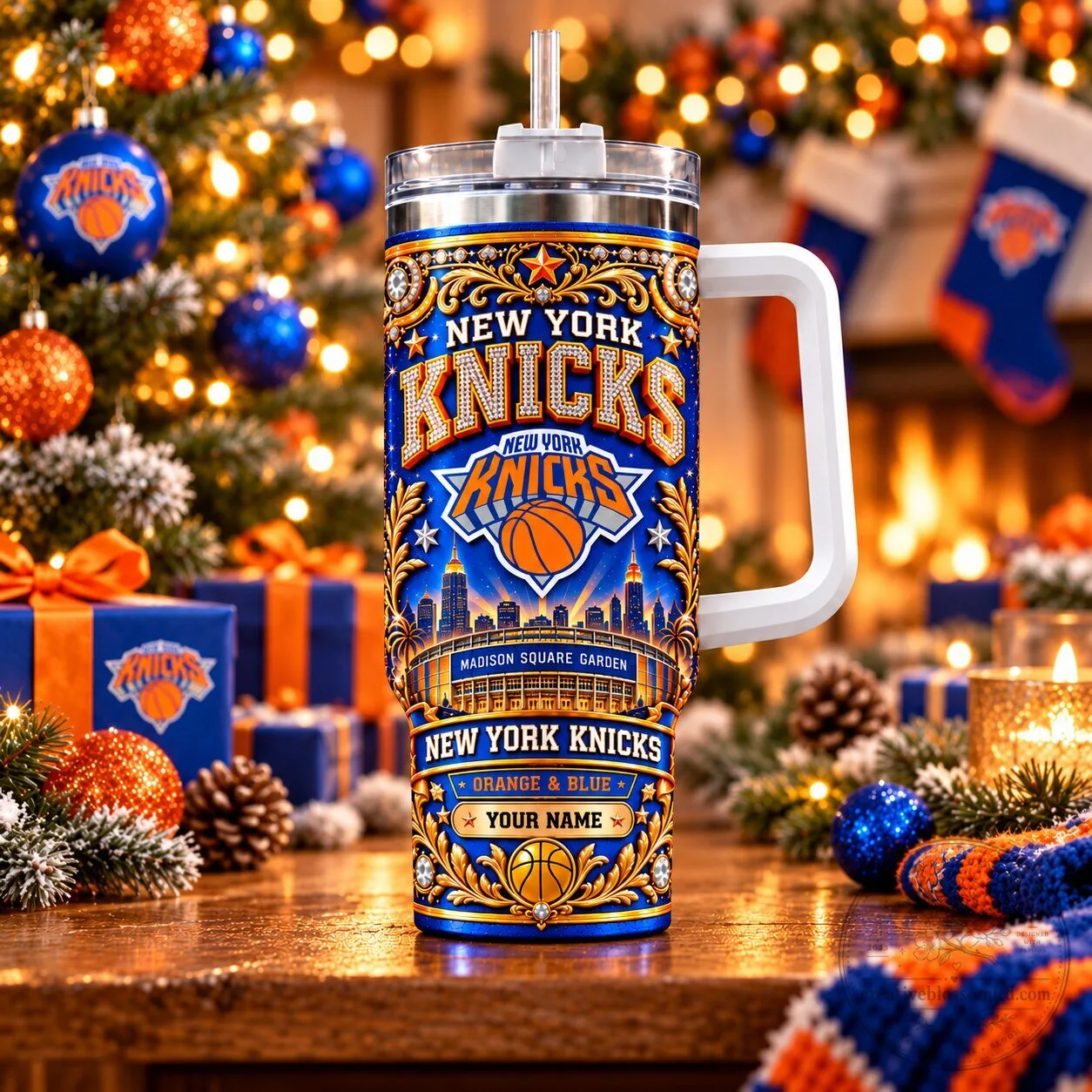 New York Knicks Basketball Team Personalized Stainless Steel Tumbler with Handle