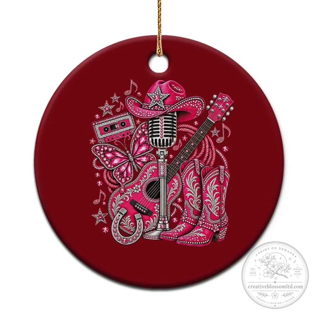 Pink Glam Cowgirl Boots Butterfly Rhinestone Country Music Tribute Ceramic Christmas Ornament