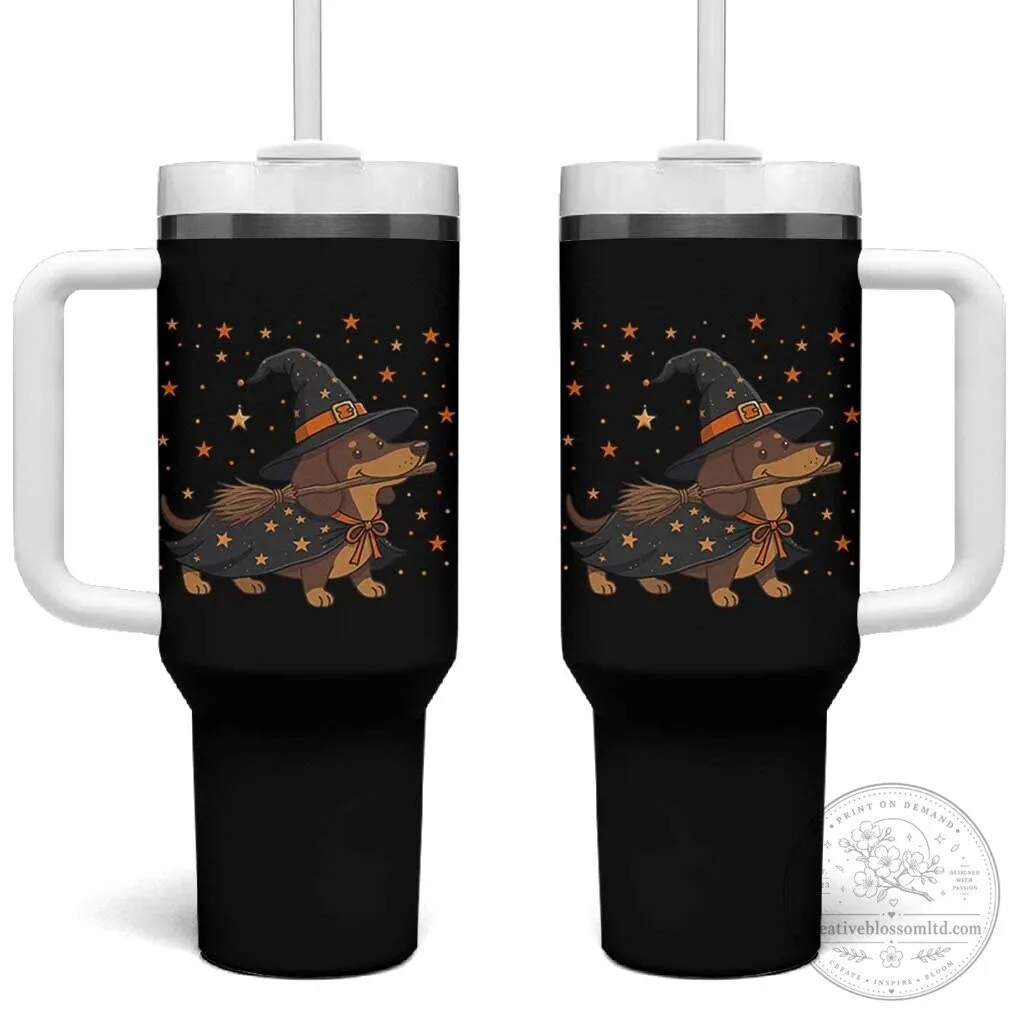 Halloween Dachshund Witch Hat Broomstick Spooky Wiener Dog Graphic Tumbler