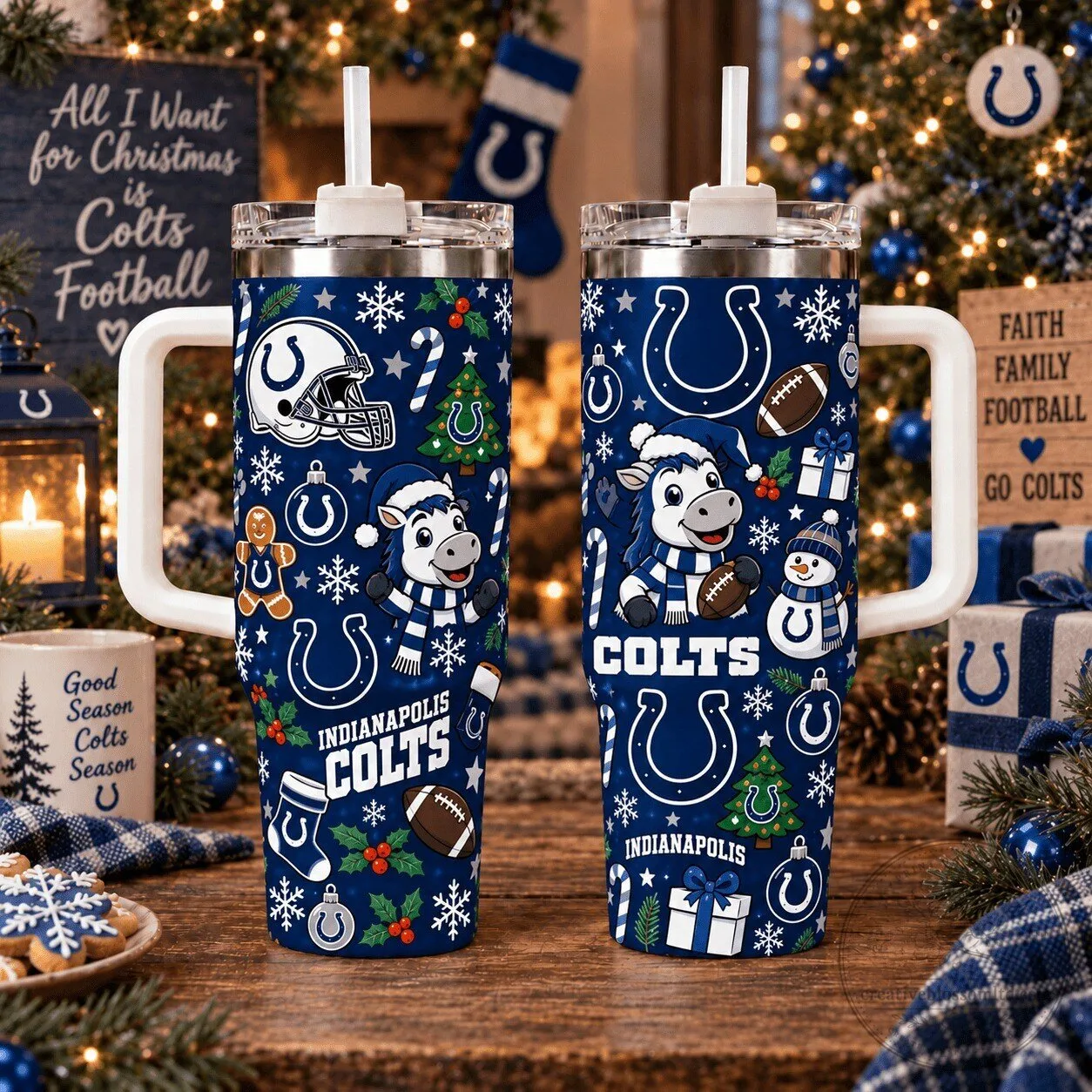 Indianapolis Colts Christmas Football Holiday 40oz Tumbler with Handle