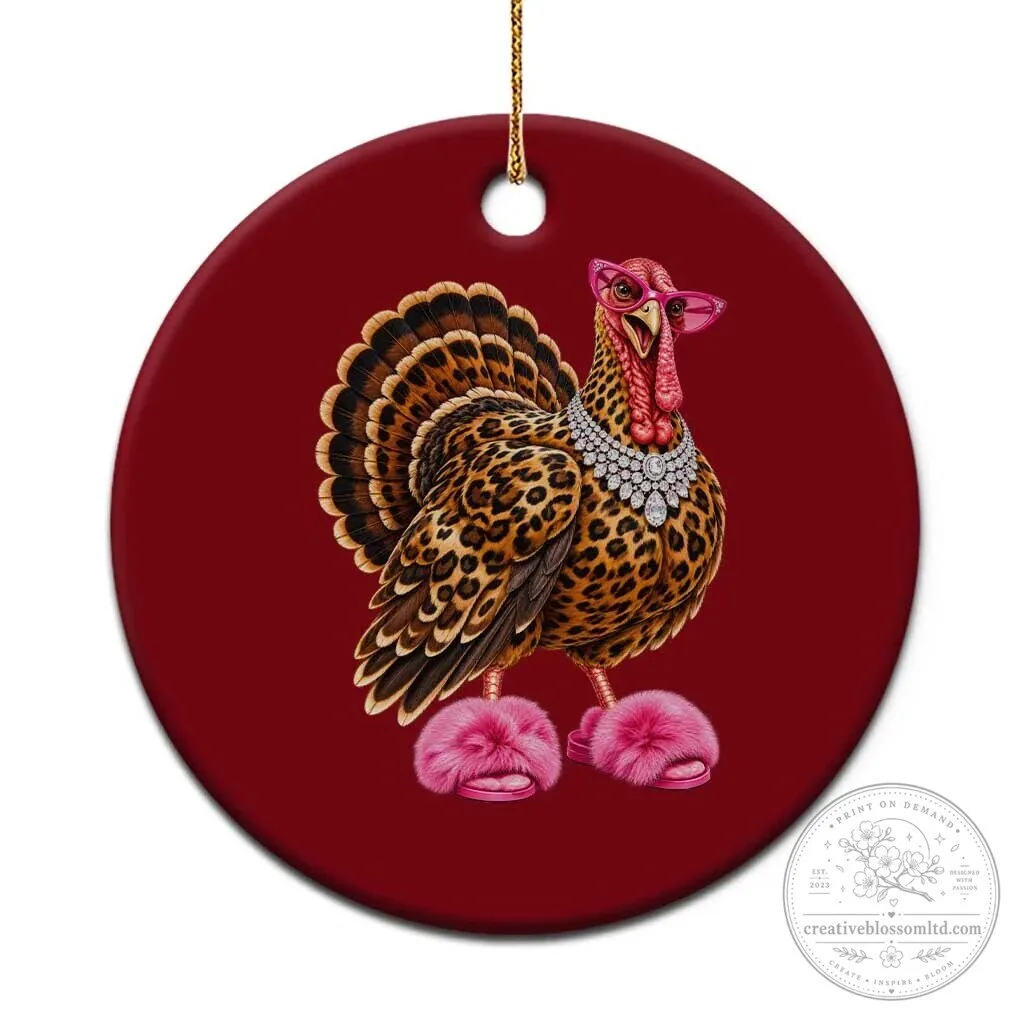Leopard Glam Turkey Thanksgiving Boujee Chic Round Ceramic Christmas Ornament