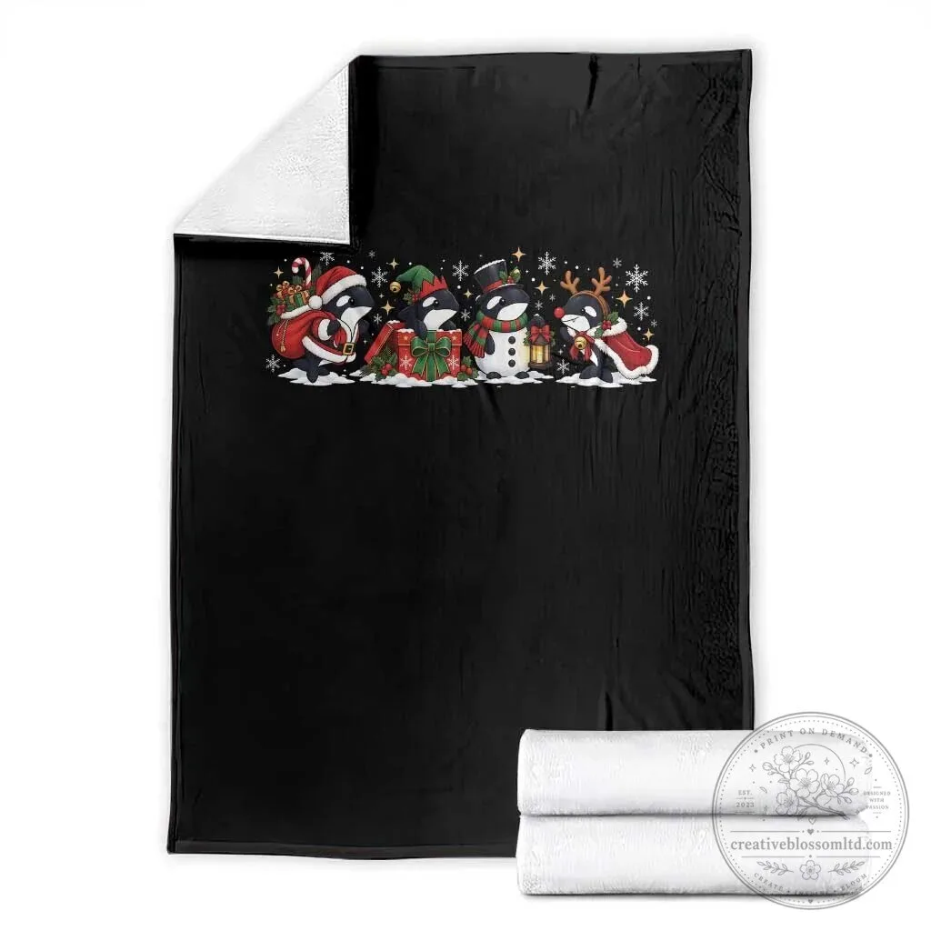 Christmas Orca Whale Holiday Blanket Cute Killer Whale Santa Snowman Reindeer Throw