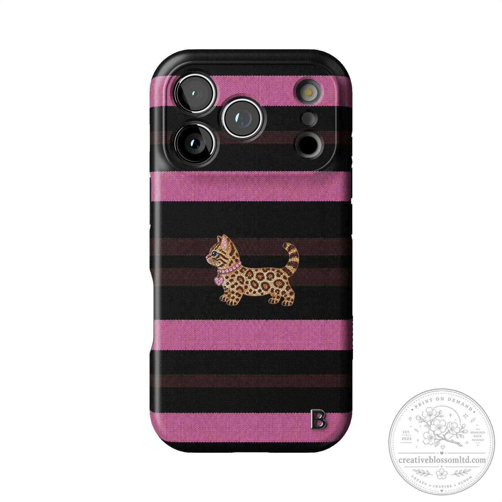 Pink Striped Leopard Kitten Animal Print iPhone Case