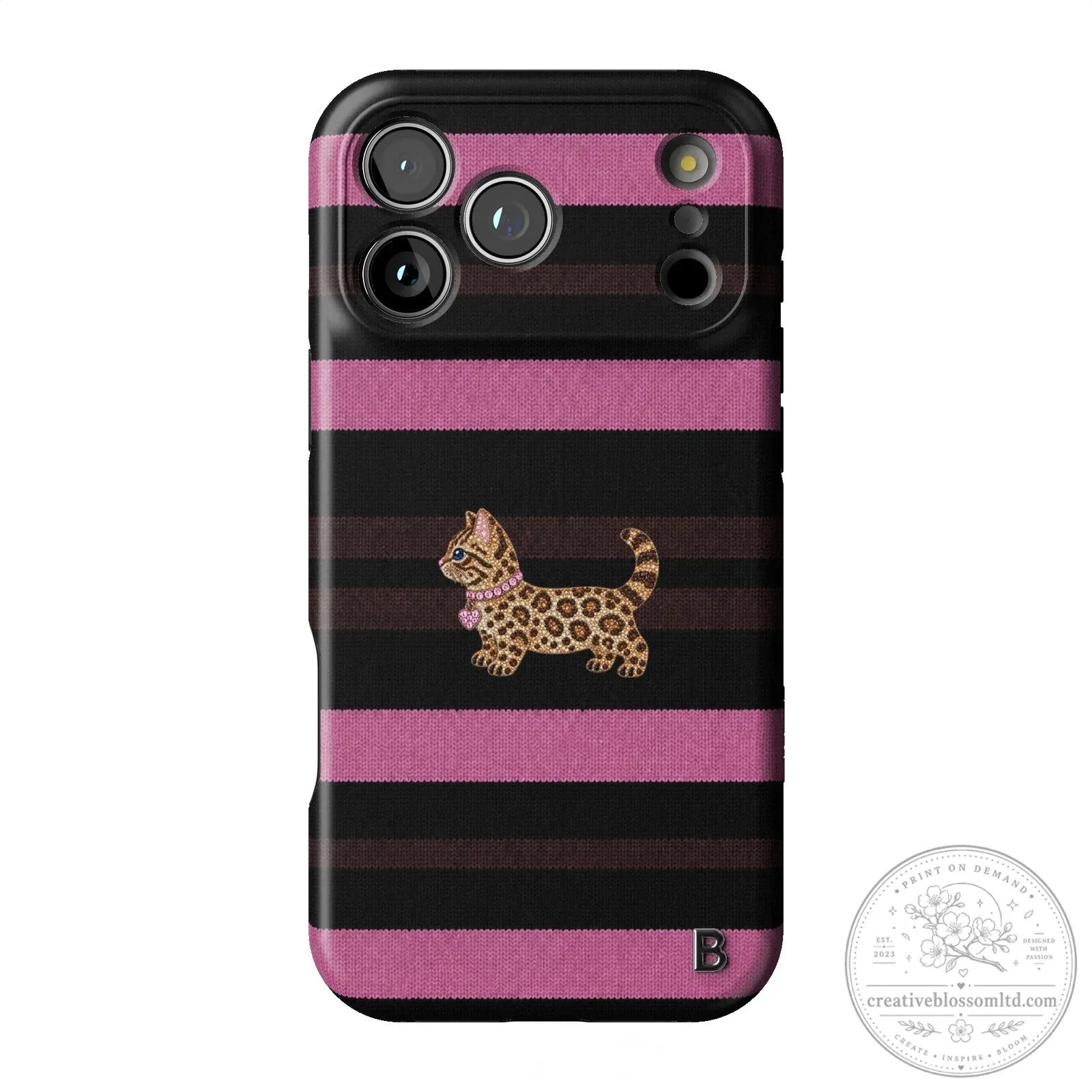 Pink Striped Leopard Kitten Animal Print iPhone Case 11 Pink Striped Leopard Kitten Animal Print iPhone Case