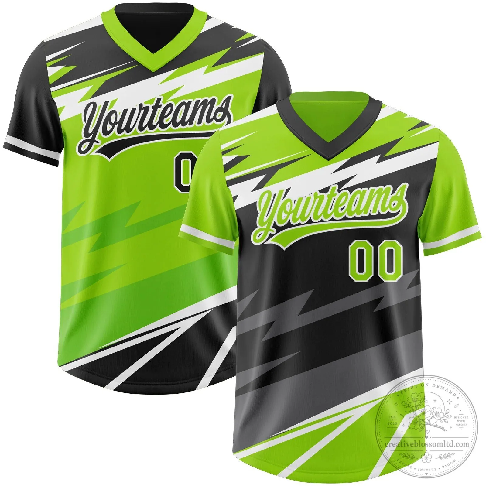 Custom Neon Green Black Lightning Geometric Zigzag Reversible Baseball Jersey