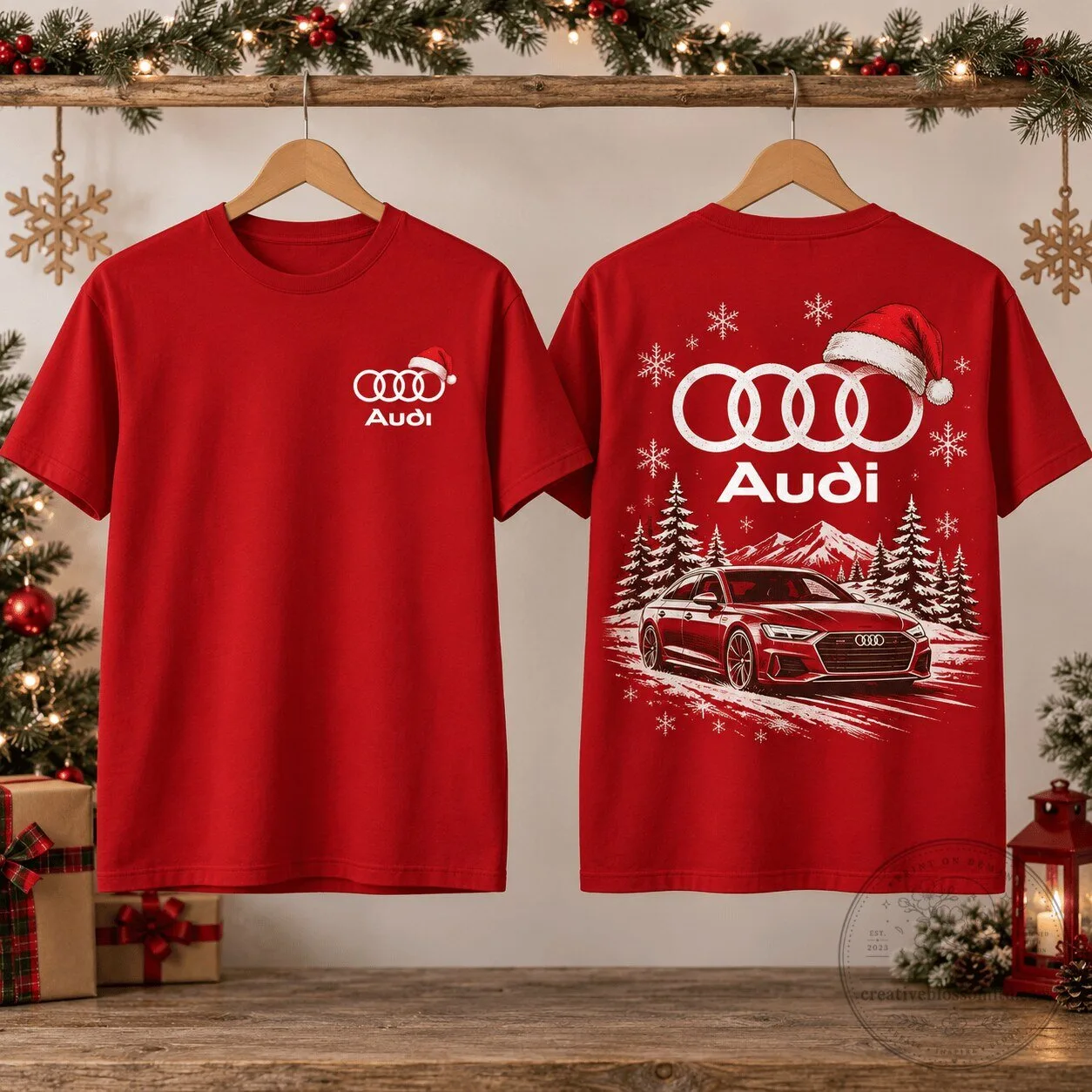 Audi Christmas Car Graphic Holiday Season Red T-Shirt