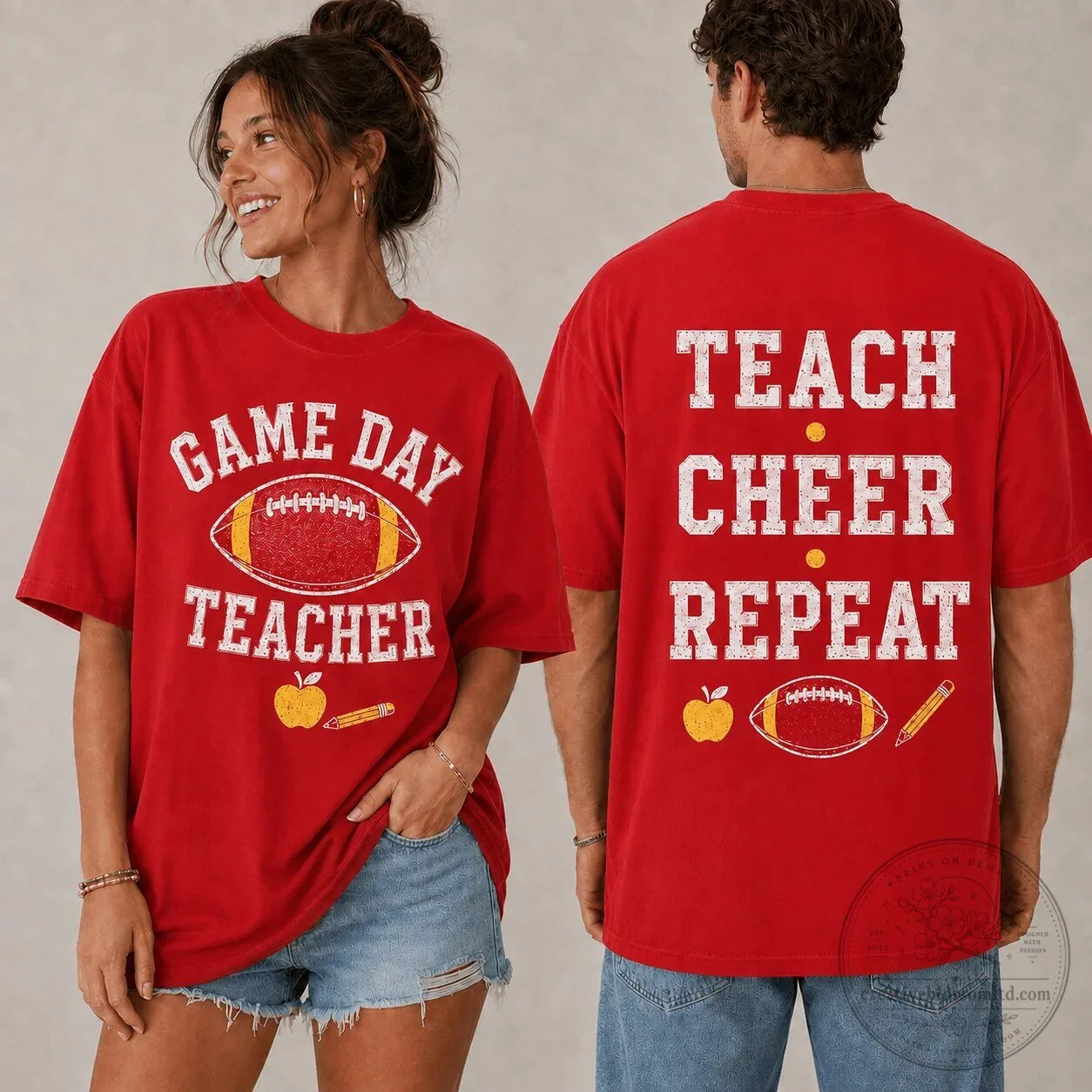 Game Day Teacher Teach Cheer Repeat Football Graphic Short Sleeve T-Shirt