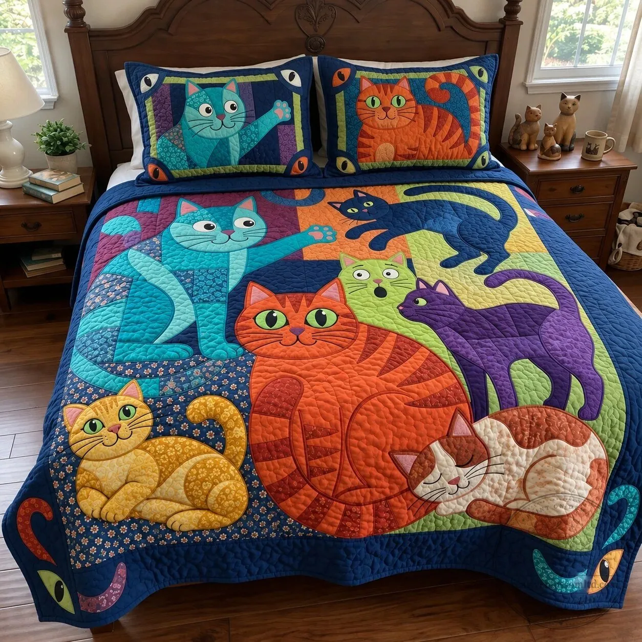 Colorful Cat Quilted Bedding Set with Pillow Shams, Cute Feline Bedroom Decor