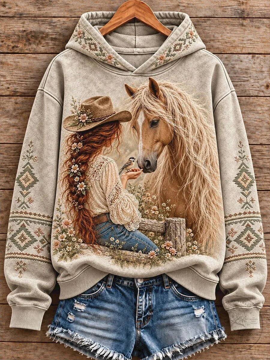 Vintage Western Style Cowgirl and Horse Art Hoodie