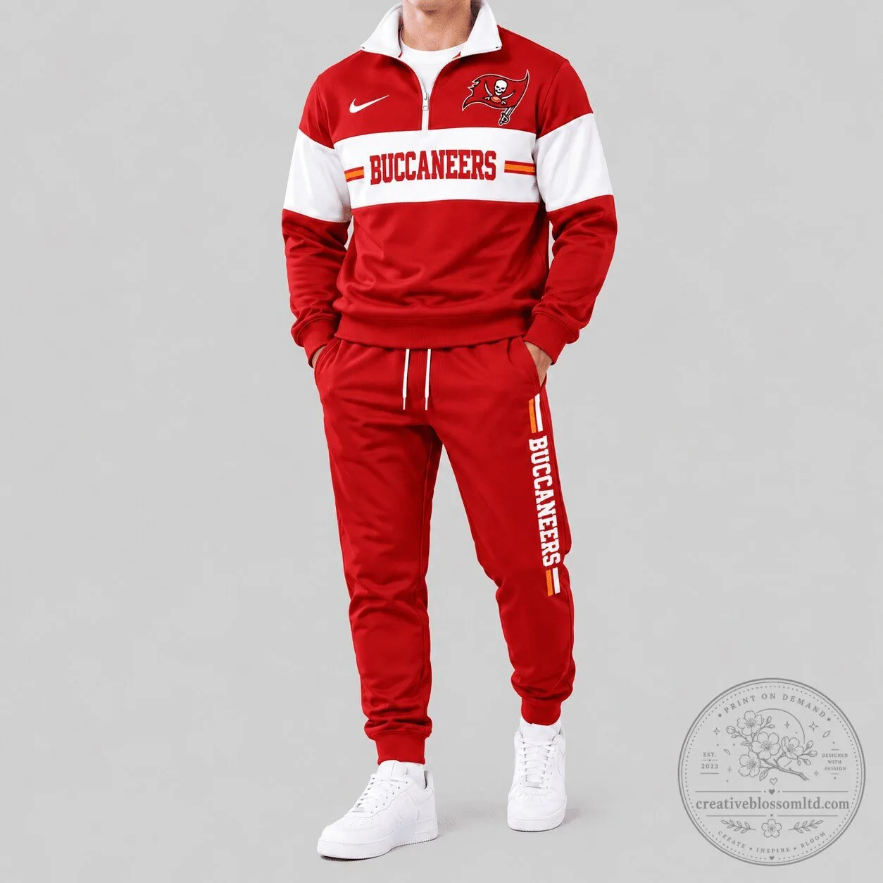 Tampa Bay Buccaneers NFL Team Red and White Chest Stripe Quarter-Zip Sweatshirt