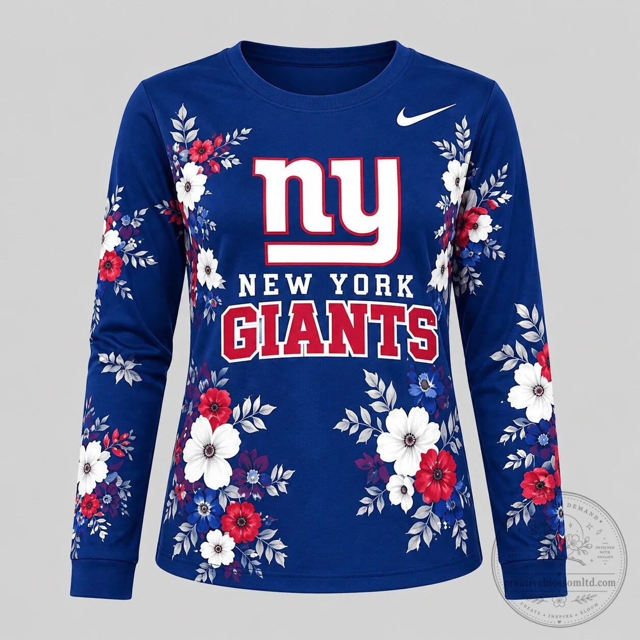 New York Giants Floral Pattern Blue Long Sleeve Shirt for Women