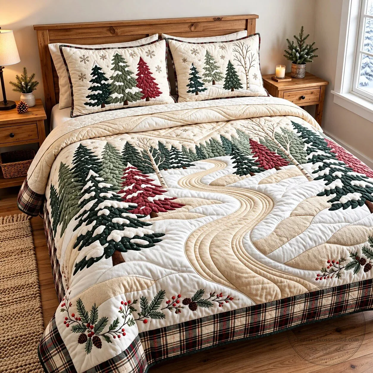 Winter Trail Forest Snow Scene Quilted Bedding Set with Pillow Shams