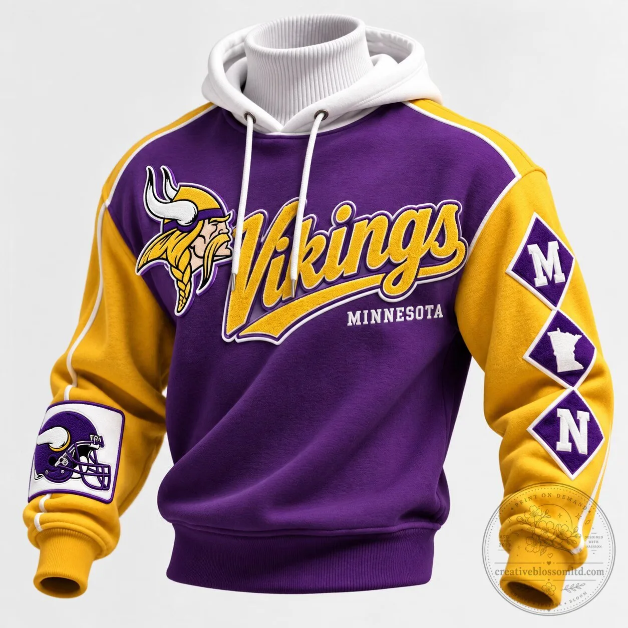 Minnesota Vikings Purple and Gold Varsity Style Hoodie with White Drawstrings