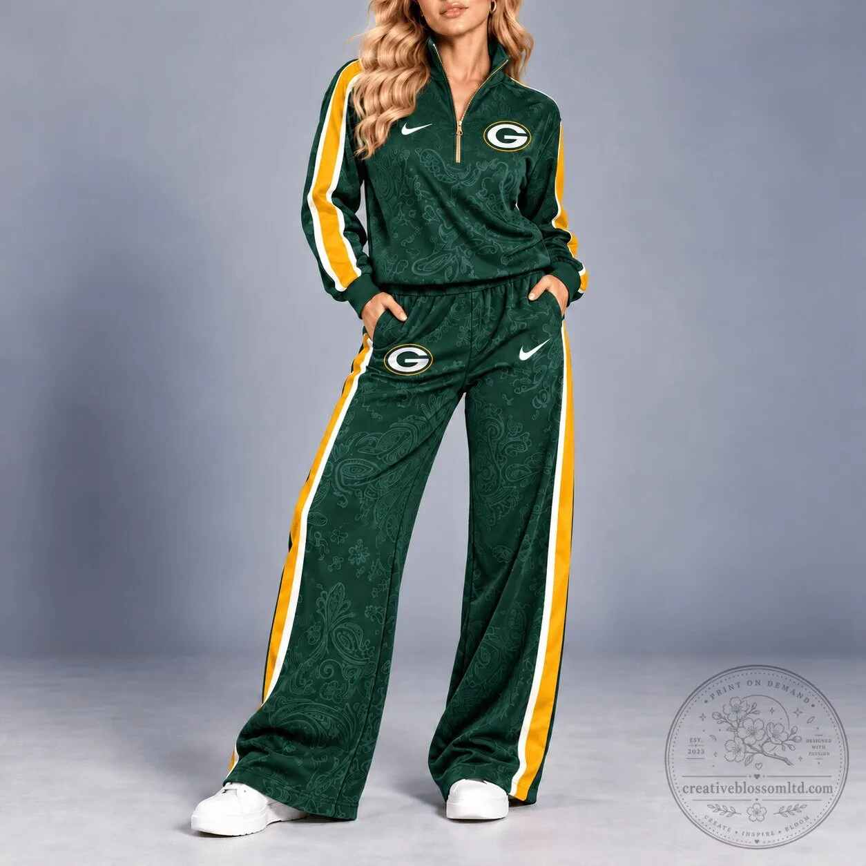 Green Bay Packers Paisley Quarter-Zip Jacket and Wide Leg Pants Set