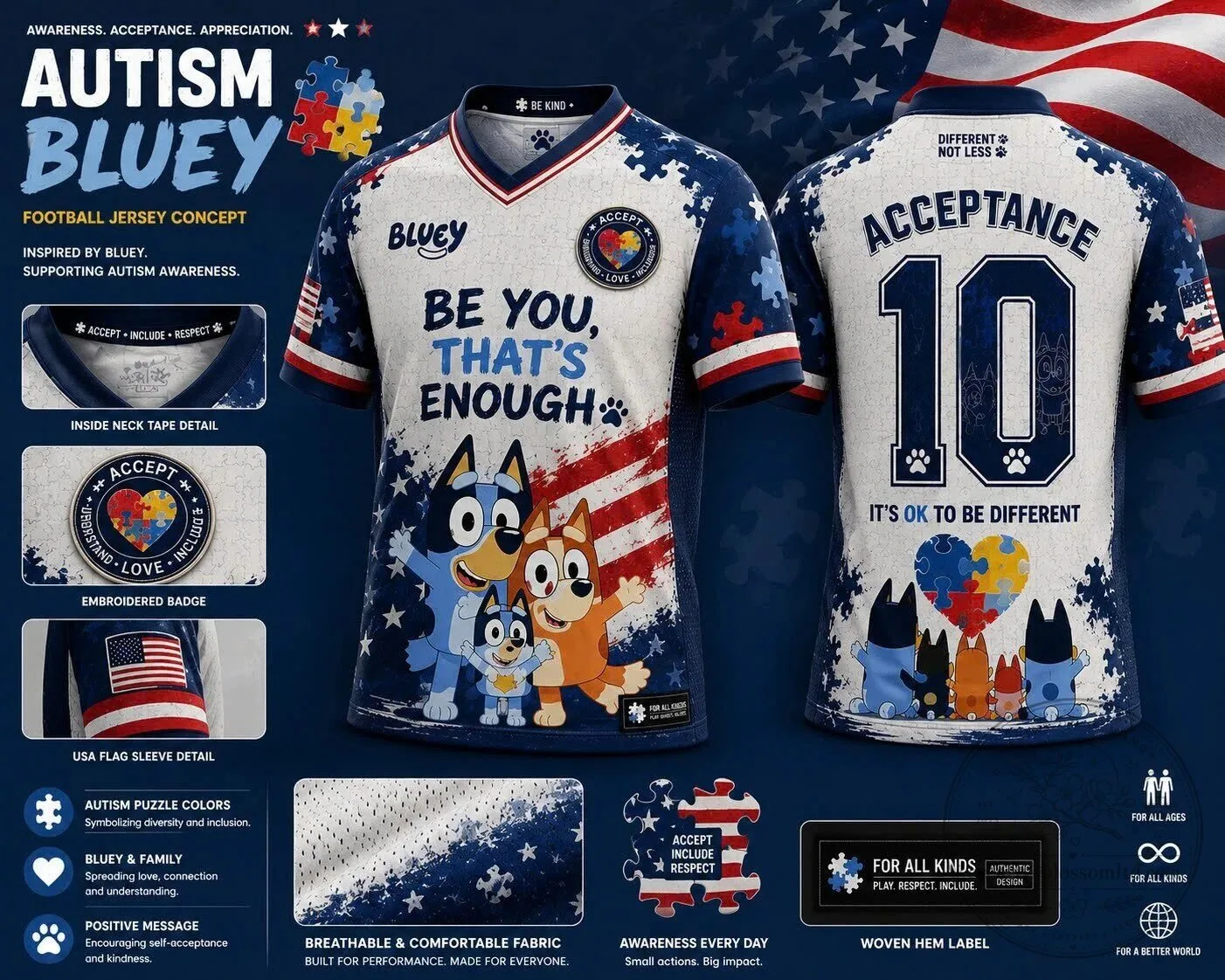 Bluey Family Autism Awareness Football Jersey