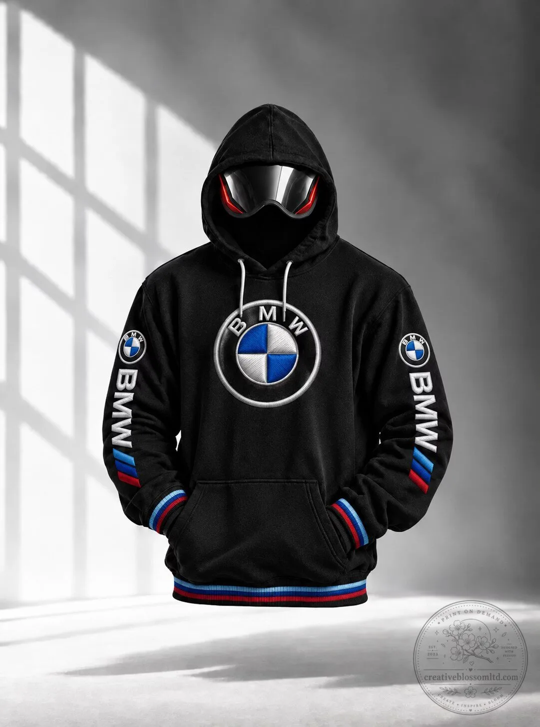 BMW Racing Style Embroidered Logo Black Pullover Hoodie with Striped Cuffs