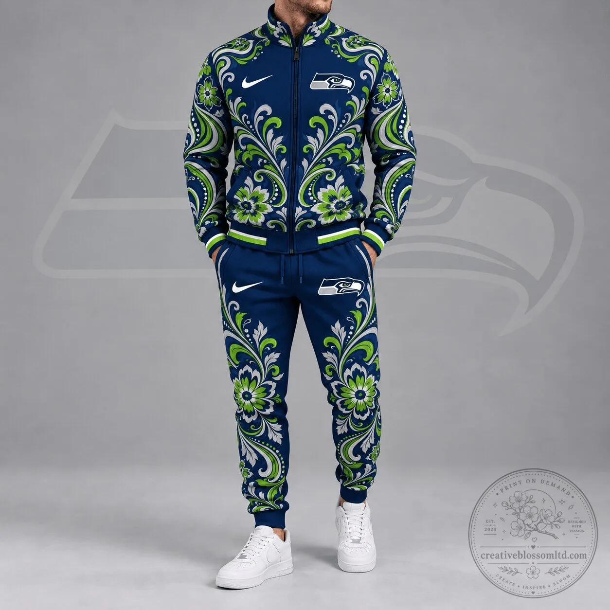 Seattle Seahawks Floral Paisley Pattern Full Zip Jacket and Jogger Pants Tracksuit 3 Seattle Seahawks Floral Paisley Pattern Full Zip Jacket and Jogger Pants Tracksuit