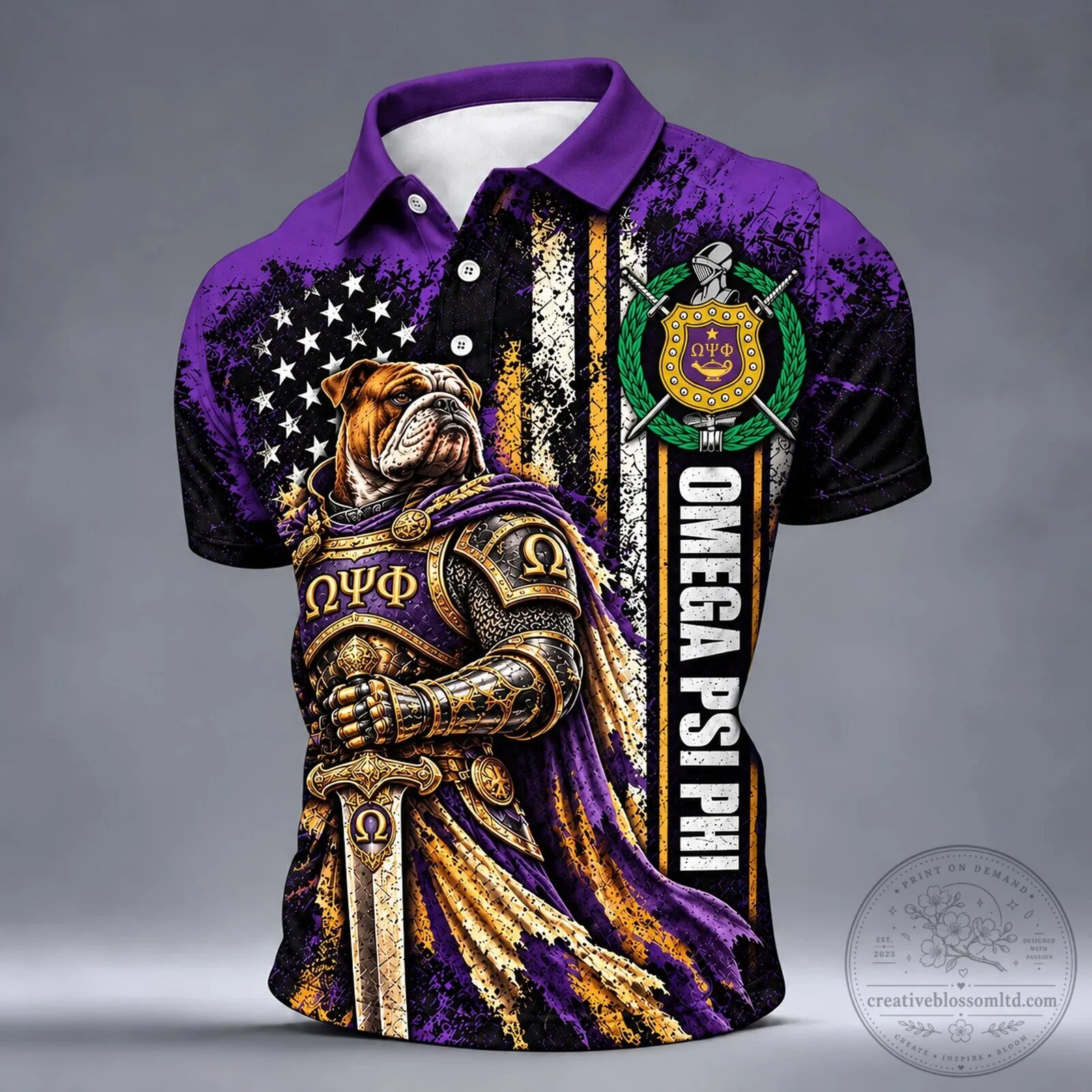 Omega Psi Phi Fraternity Bulldog Knight Purple Gold Black Flag Polo Shirt