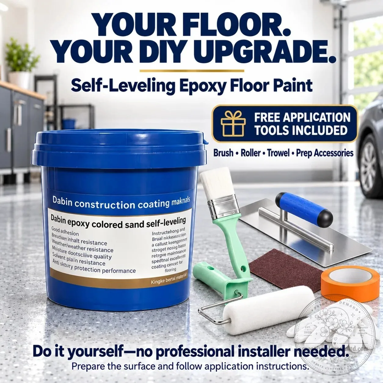 Self-Leveling Epoxy Floor Paint Kit with Application Tools for DIY Home Improvement