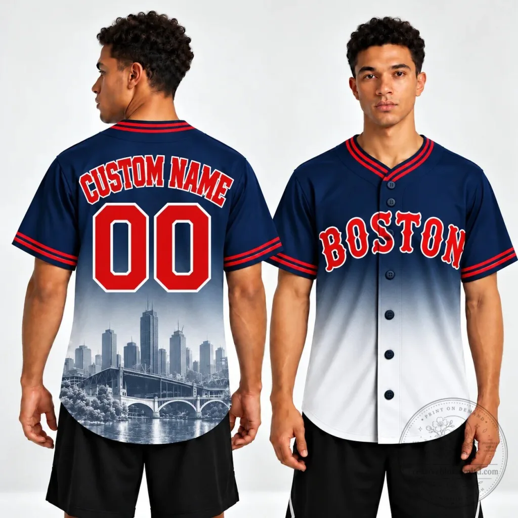 Boston Skyline Ombre Baseball Jersey with Custom Name and Number Boston Skyline Ombre Baseball Jersey with Custom Name and Number