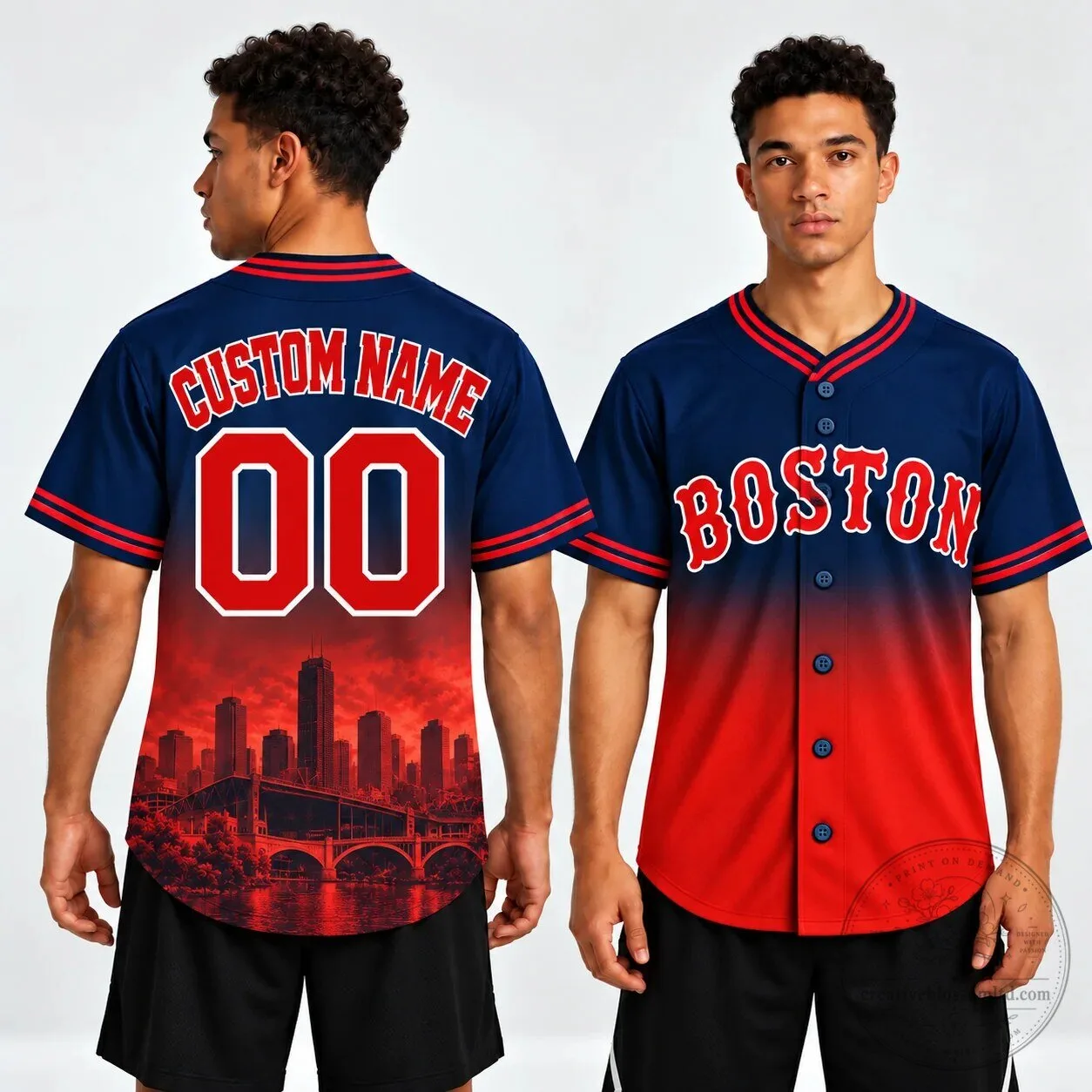 Boston Skyline Ombre Baseball Jersey with Custom Name and Number 5 Boston Skyline Ombre Baseball Jersey with Custom Name and Number