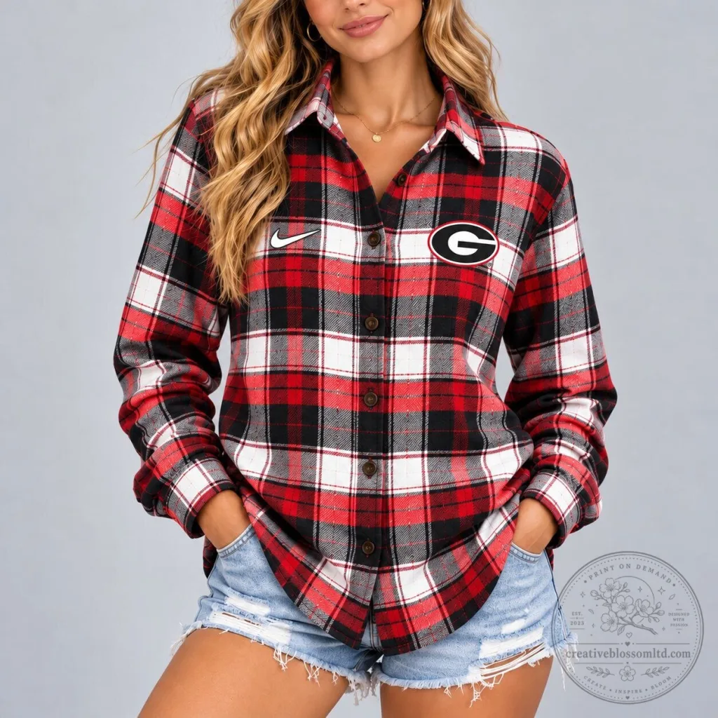Georgia Bulldogs NCAA Red Plaid Flannel Long Sleeve Button Down Shirt for Women Georgia Bulldogs NCAA Red Plaid Flannel Long Sleeve Button Down Shirt for Women