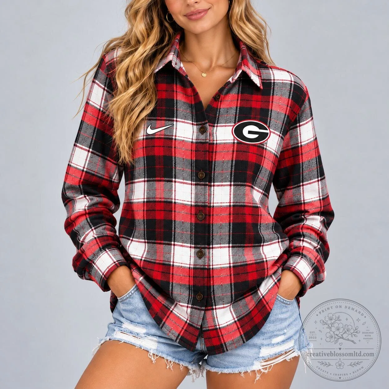 Georgia Bulldogs NCAA Red Plaid Flannel Long Sleeve Button Down Shirt for Women