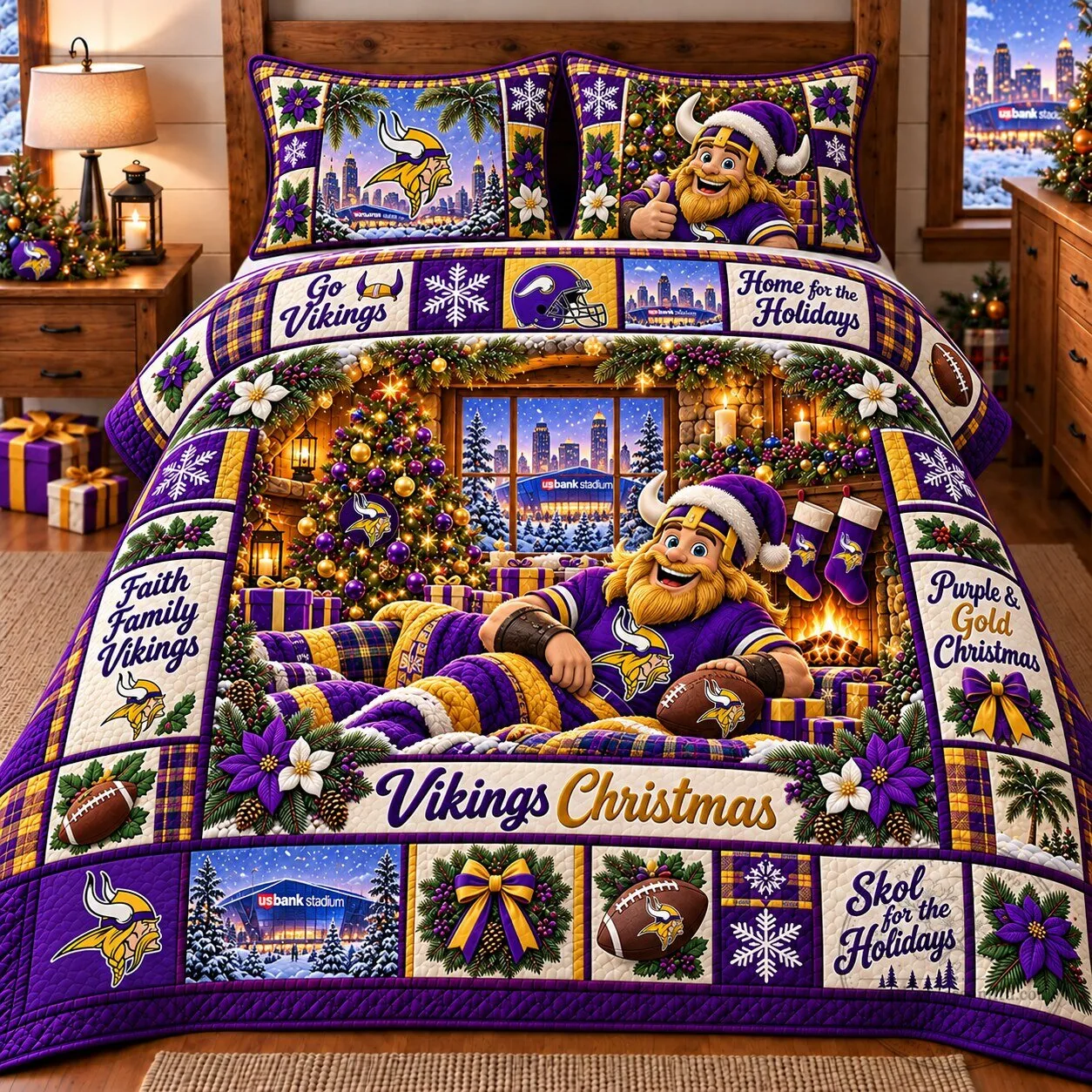 Minnesota Vikings NFL Christmas Bedding Set with Skol for the Holidays Design