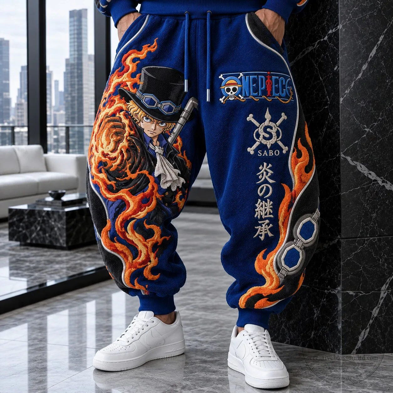 One Piece Sabo Fire Flame Embroidered Blue Fleece Sweatpants