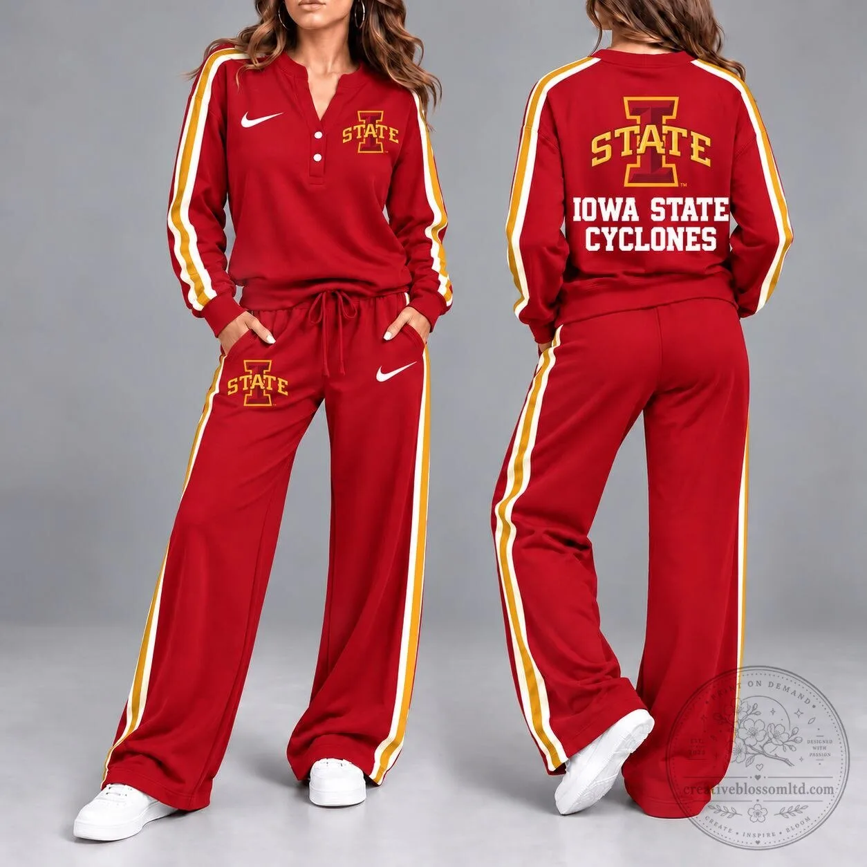Iowa State Cyclones Women's Red and Gold Striped Long Sleeve Sweatshirt