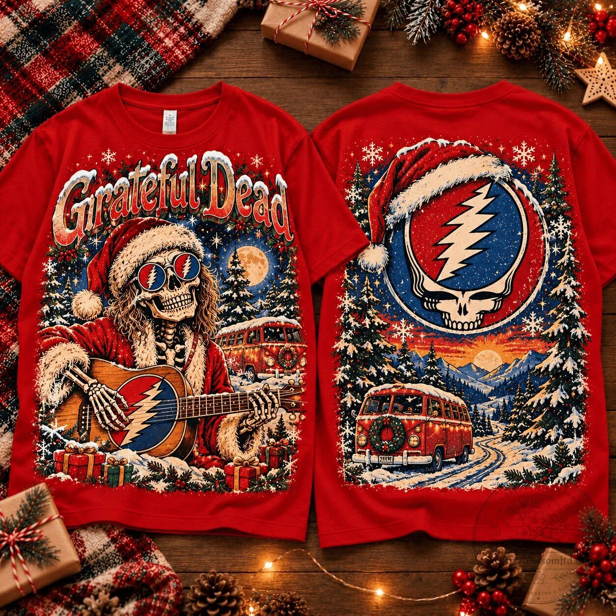 Santa Skeleton Playing Guitar in Grateful Dead Holiday T-Shirt for Christmas Celebrations