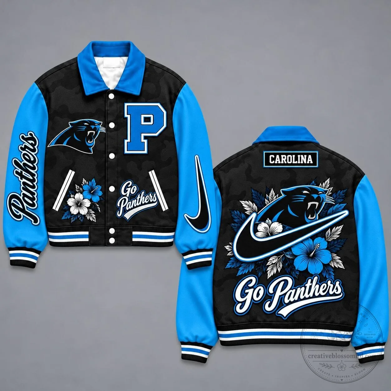 Carolina Panthers Floral Varsity Jacket with Embroidered Logo and Team Slogan