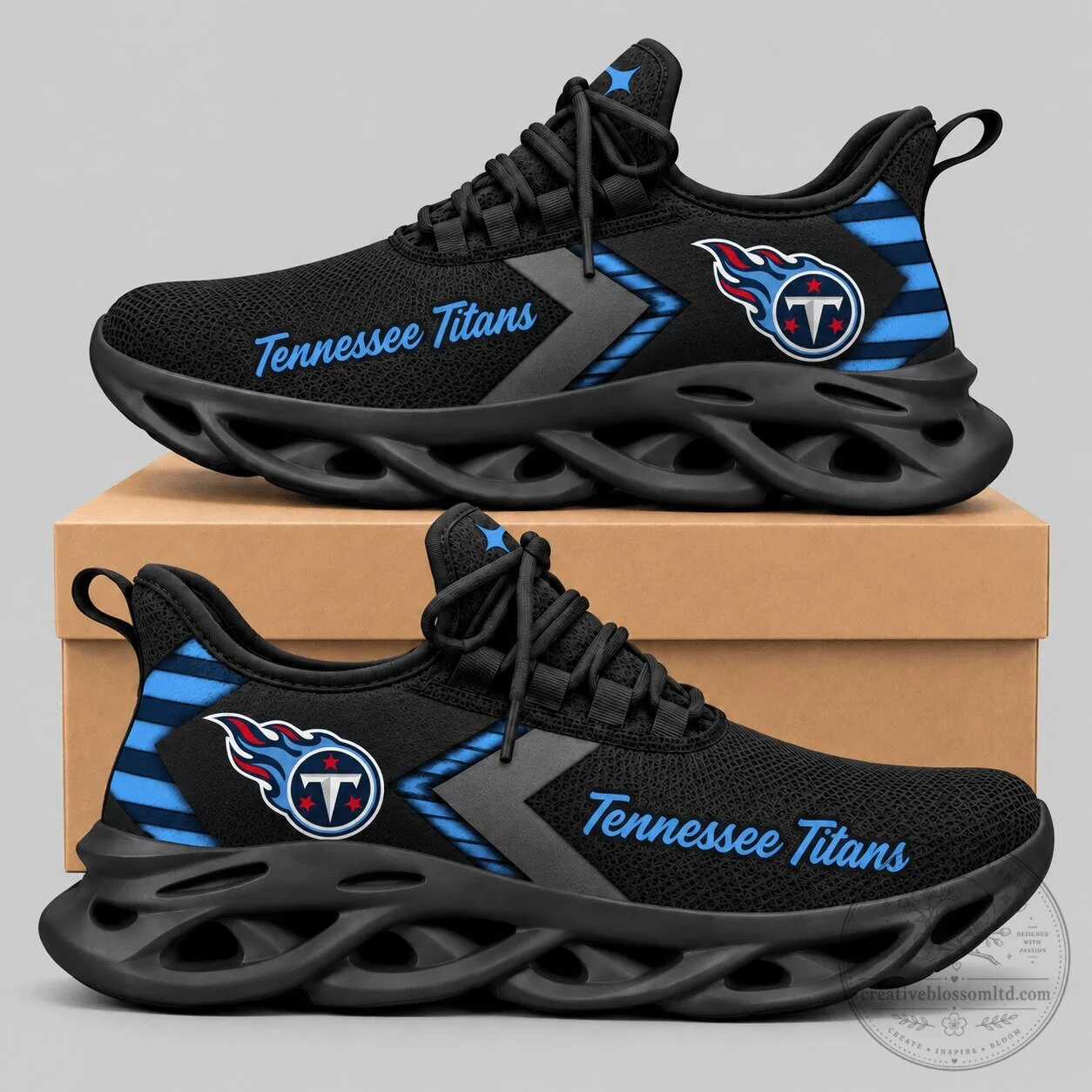 Tennessee Titans NFL Team Logo Black Blue Wave Sole Sneakers